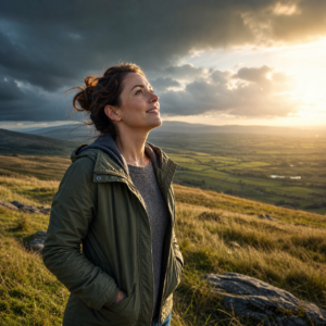 Eine Frau steht auf einer weiten, grünen Hügellandschaft und blickt erleichtert ins warme Sonnenlicht, während hinter ihr dunkle Wolken aufziehen. Das Bild vermittelt Klarheit, Hoffnung und neue Lebensfreude nach einer schweren Zeit.